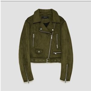 Zara Basics Faux Suede Cropped Moto Biker Jacket in Olive Green